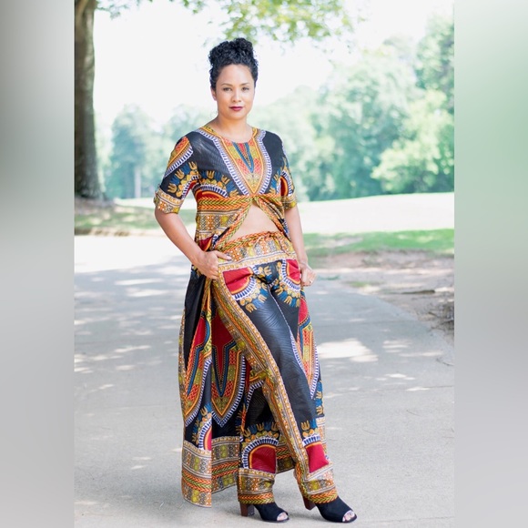 Handmade Black African Print Ankara Dashiki Two Piece Pants Set - Picture 4 of 6